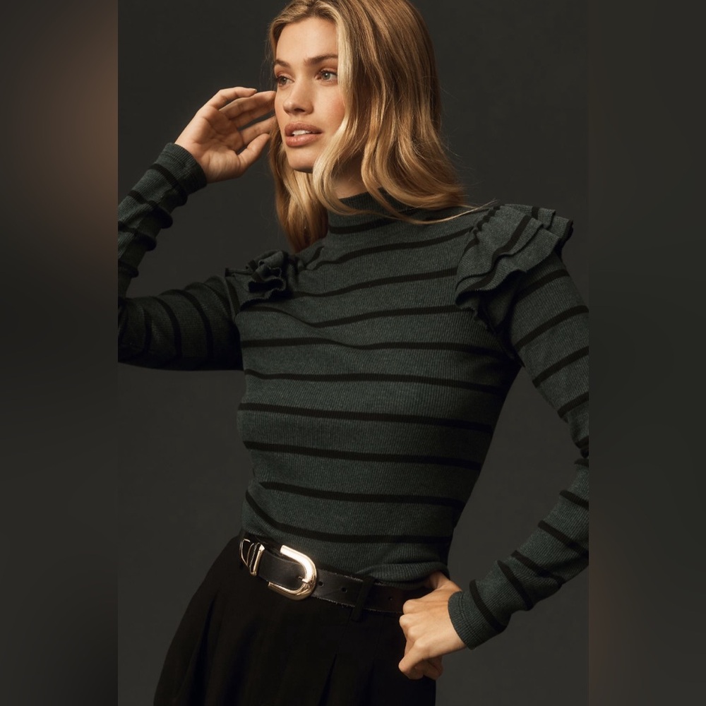 Anthropologie Dark Green and Black Striped Ruffled Shoulder Long Sleeve Top